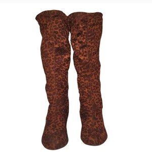 NINE WEST Leopard Print Knee High Stretch Pull On Wide Calf Wedge Heel Boots